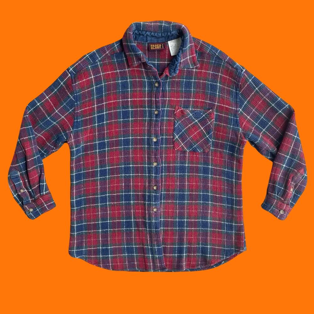 90's vintage textured plaid flannel button up collared long sleeve blouse LARGE